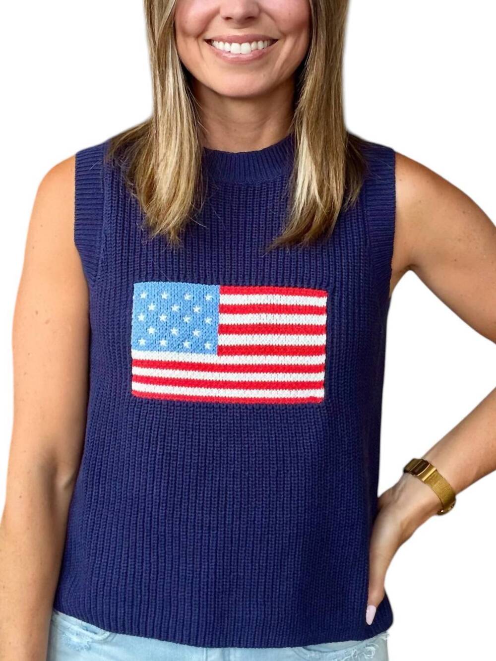 NEW BUTTERMELON flag print knitted sleeveless sweater in blue